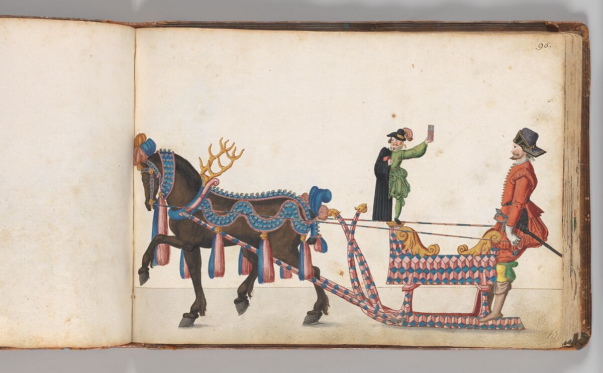 Album of Tournaments and Parades in Nuremberg, Pen and ink, watercolor, gold and silver washes; paper bound in gold-tooled leather, German, Nuremberg