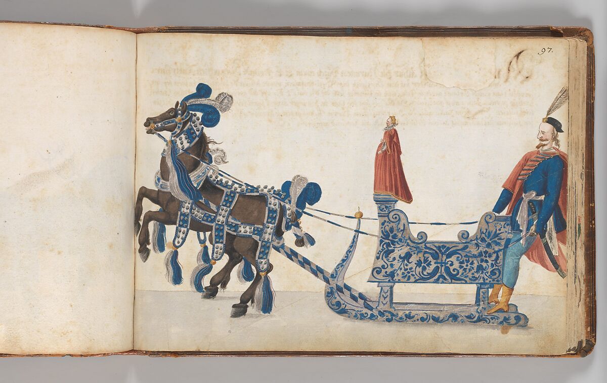 Album of Tournaments and Parades in Nuremberg, Pen and ink, watercolor, gold and silver washes; paper bound in gold-tooled leather, German, Nuremberg