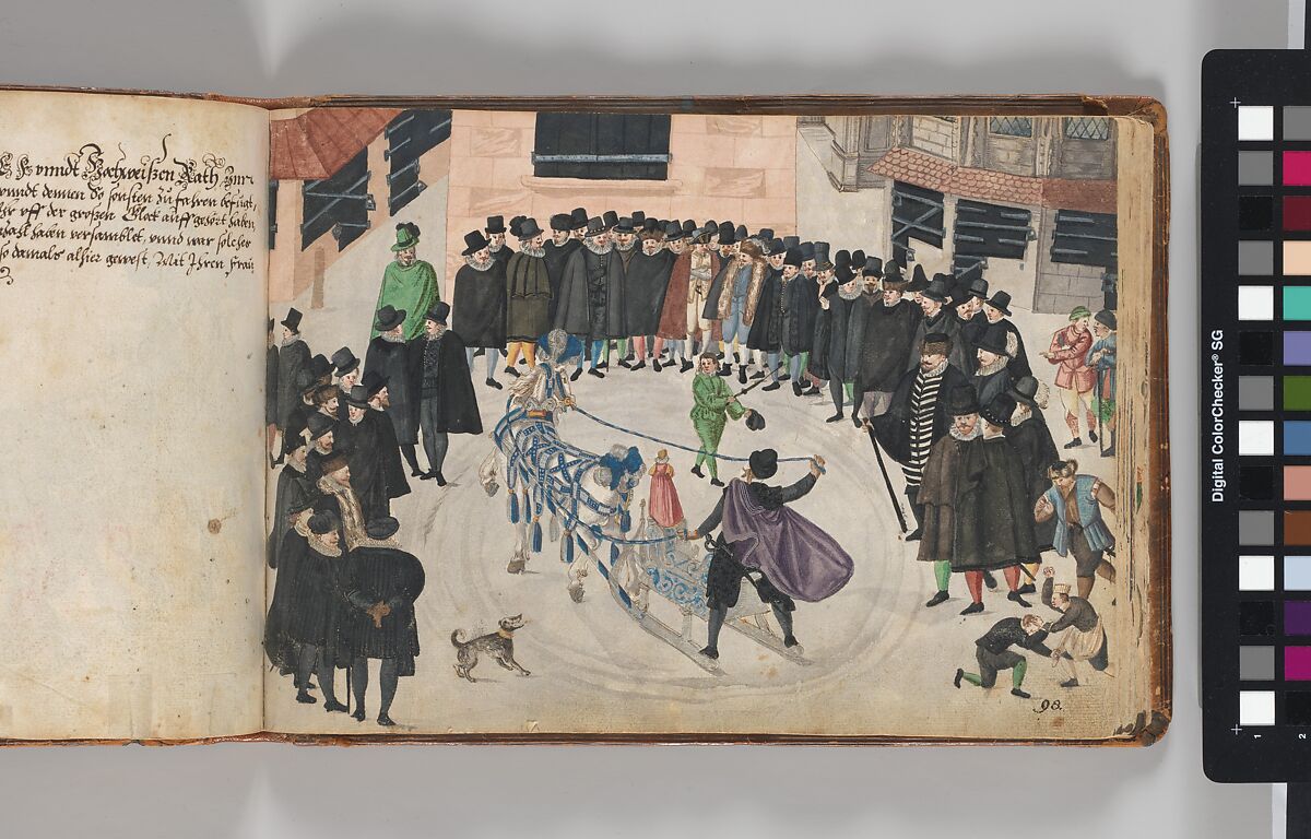 Album of Tournaments and Parades in Nuremberg, Pen and ink, watercolor, gold and silver washes; paper bound in gold-tooled leather, German, Nuremberg