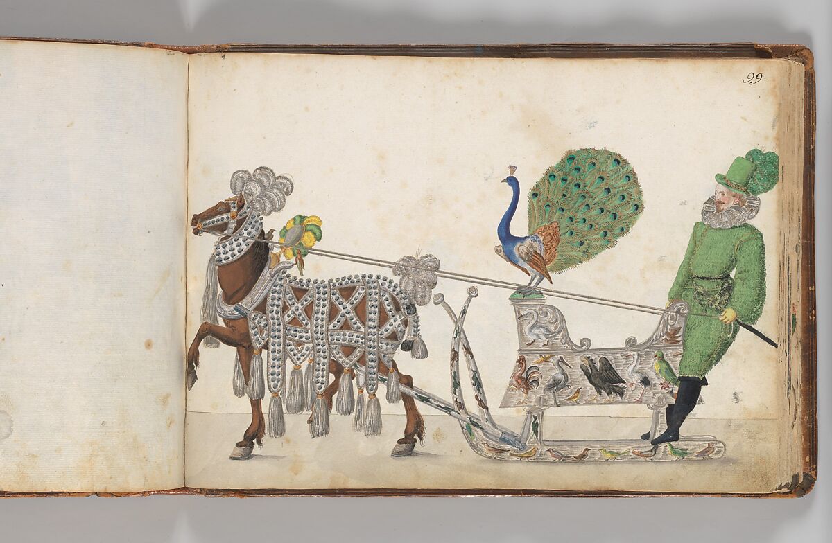 Album of Tournaments and Parades in Nuremberg, Pen and ink, watercolor, gold and silver washes; paper bound in gold-tooled leather, German, Nuremberg