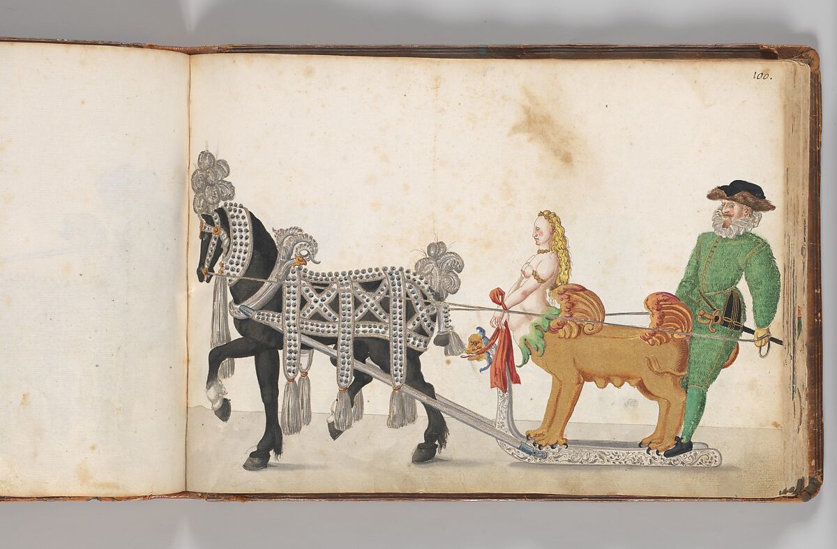 Album of Tournaments and Parades in Nuremberg, Pen and ink, watercolor, gold and silver washes; paper bound in gold-tooled leather, German, Nuremberg