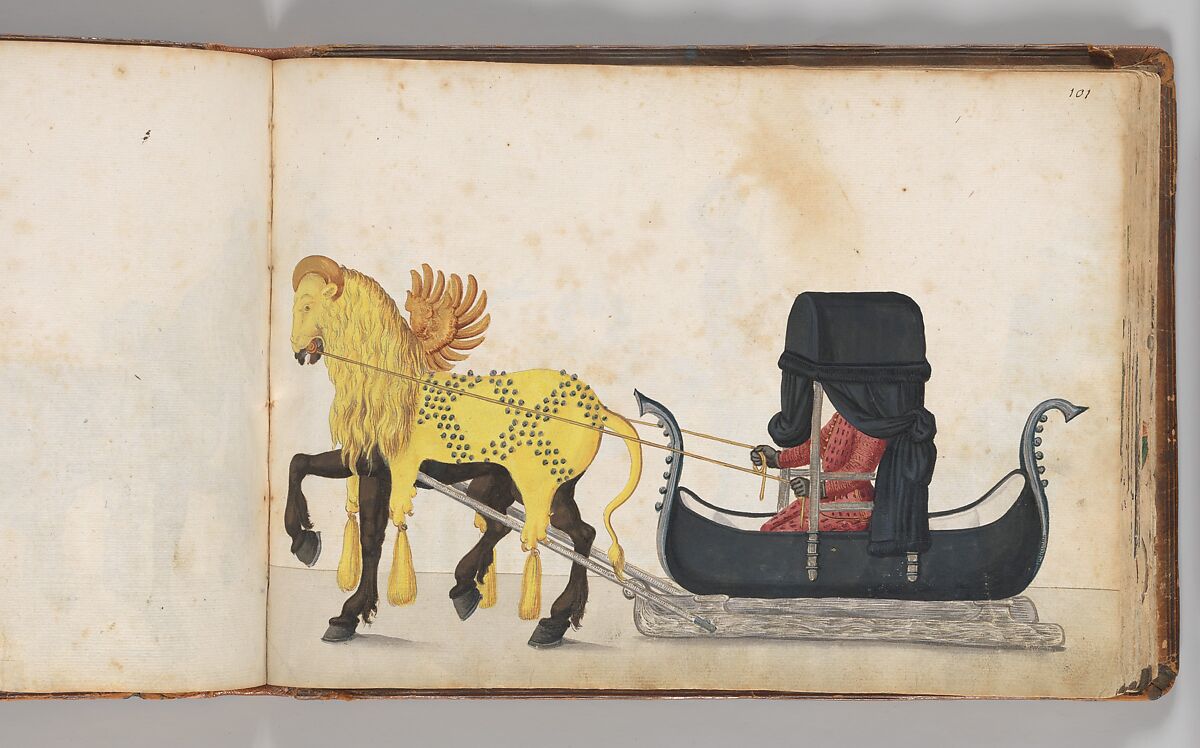 Album of Tournaments and Parades in Nuremberg, Pen and ink, watercolor, gold and silver washes; paper bound in gold-tooled leather, German, Nuremberg