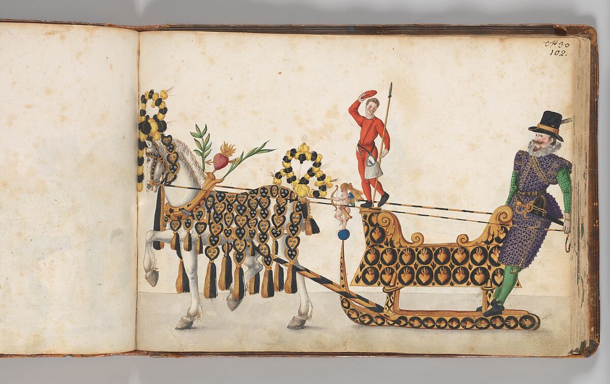 Album of Tournaments and Parades in Nuremberg, Pen and ink, watercolor, gold and silver washes; paper bound in gold-tooled leather, German, Nuremberg
