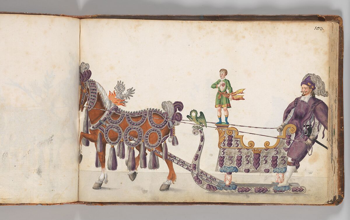 Album of Tournaments and Parades in Nuremberg, Pen and ink, watercolor, gold and silver washes; paper bound in gold-tooled leather, German, Nuremberg