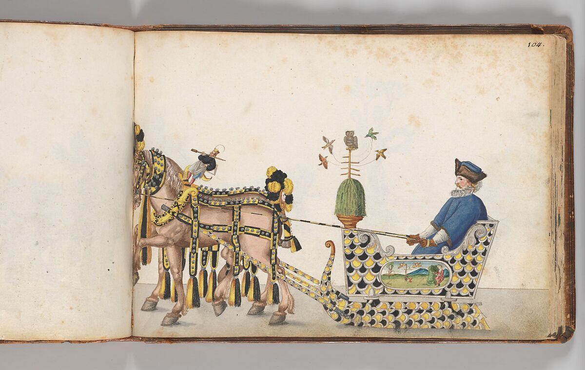 Album of Tournaments and Parades in Nuremberg, Pen and ink, watercolor, gold and silver washes; paper bound in gold-tooled leather, German, Nuremberg