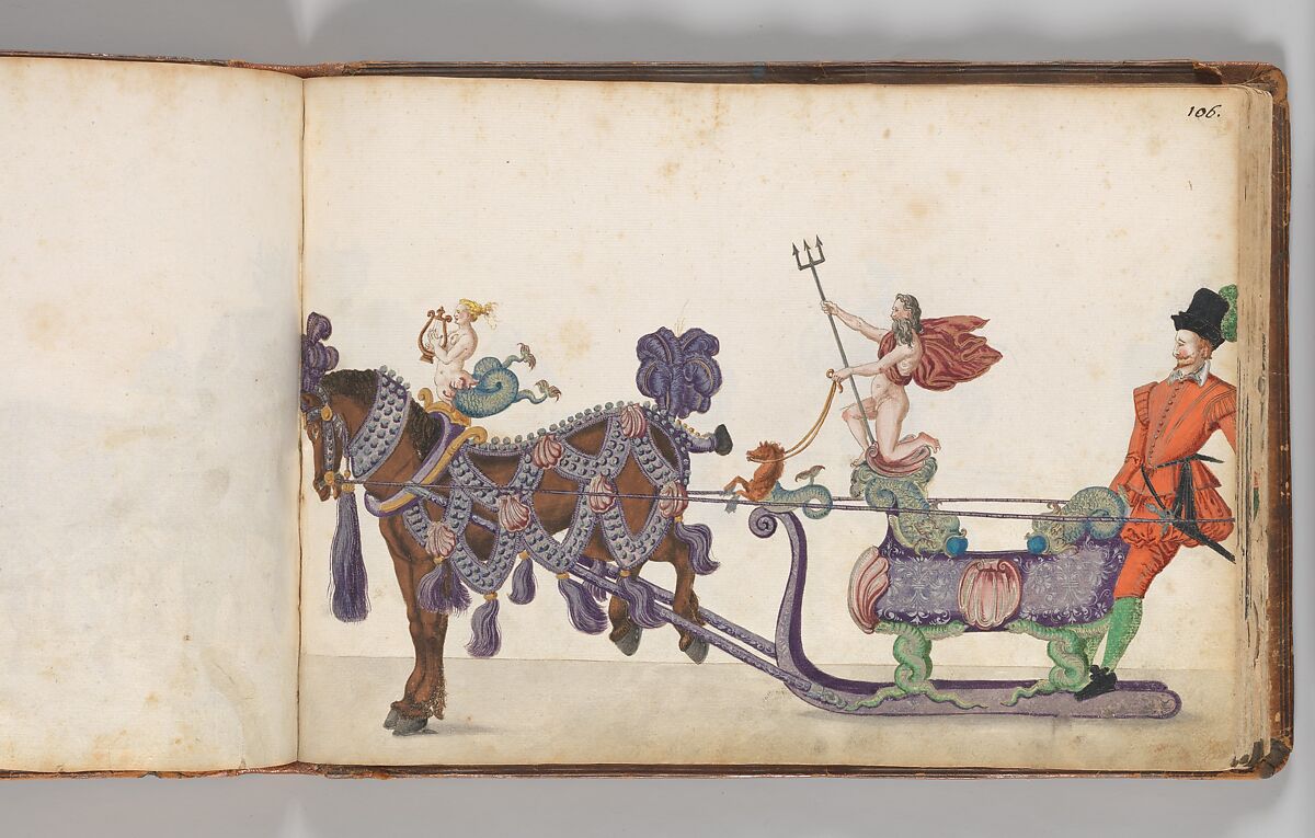 Album of Tournaments and Parades in Nuremberg, Pen and ink, watercolor, gold and silver washes; paper bound in gold-tooled leather, German, Nuremberg