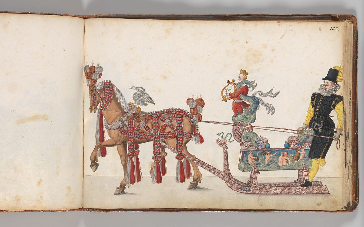 Album of Tournaments and Parades in Nuremberg, Pen and ink, watercolor, gold and silver washes; paper bound in gold-tooled leather, German, Nuremberg