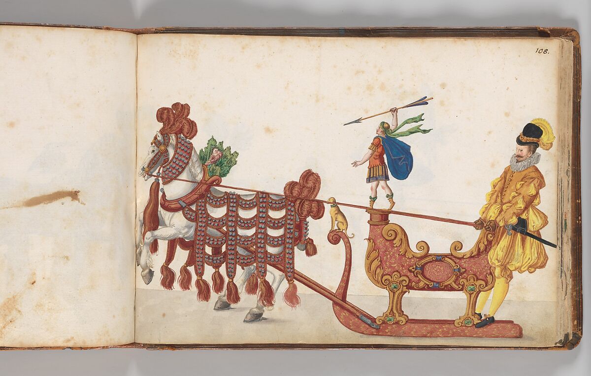 Album of Tournaments and Parades in Nuremberg, Pen and ink, watercolor, gold and silver washes; paper bound in gold-tooled leather, German, Nuremberg