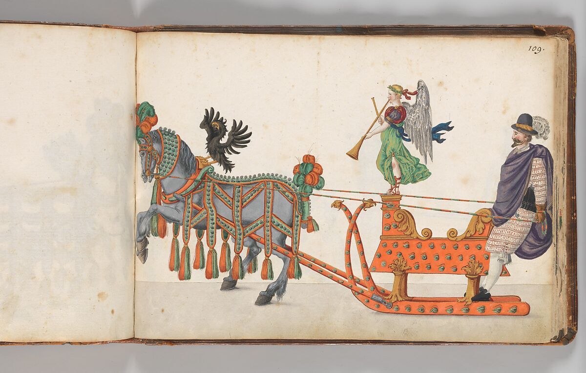 Album of Tournaments and Parades in Nuremberg, Pen and ink, watercolor, gold and silver washes; paper bound in gold-tooled leather, German, Nuremberg