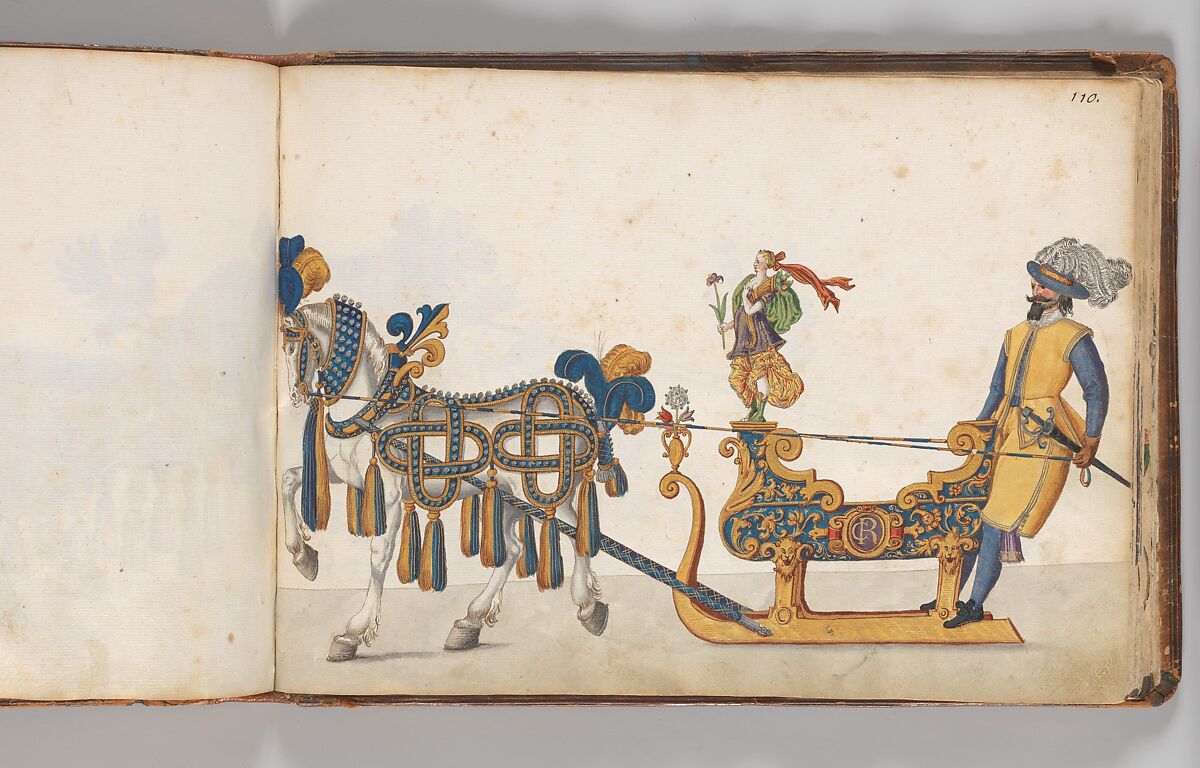 Album of Tournaments and Parades in Nuremberg, Pen and ink, watercolor, gold and silver washes; paper bound in gold-tooled leather, German, Nuremberg