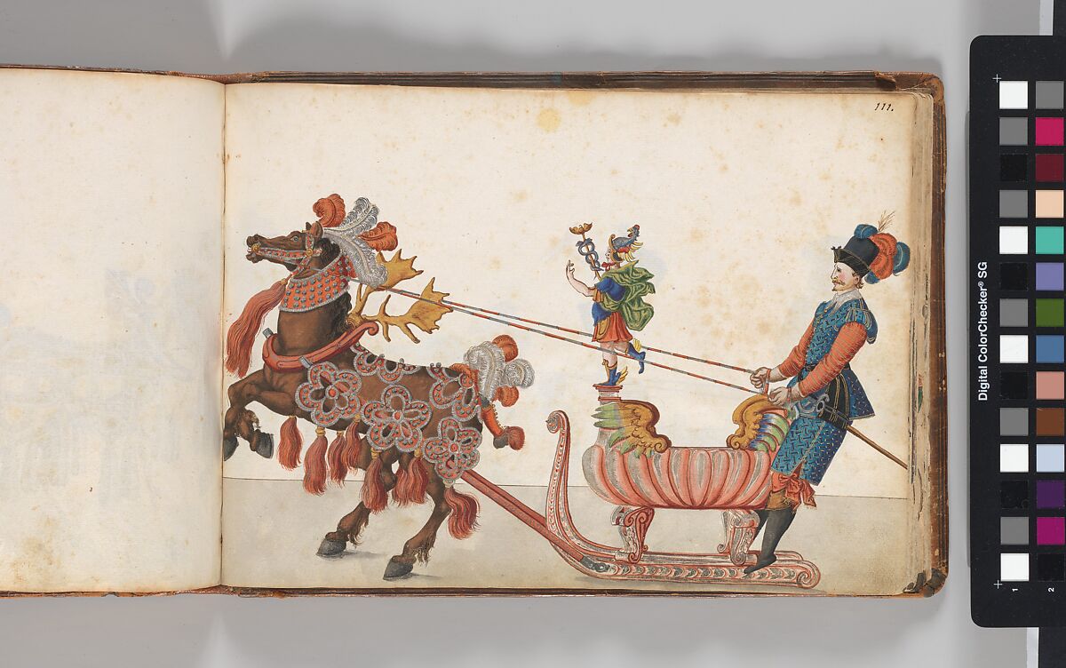 Album of Tournaments and Parades in Nuremberg, Pen and ink, watercolor, gold and silver washes; paper bound in gold-tooled leather, German, Nuremberg