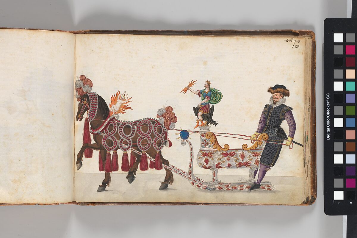 Album of Tournaments and Parades in Nuremberg, Pen and ink, watercolor, gold and silver washes; paper bound in gold-tooled leather, German, Nuremberg
