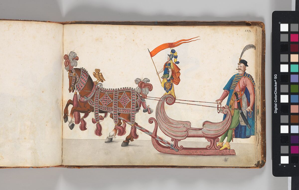 Album of Tournaments and Parades in Nuremberg, Pen and ink, watercolor, gold and silver washes; paper bound in gold-tooled leather, German, Nuremberg