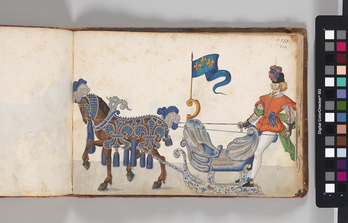 Album of Tournaments and Parades in Nuremberg, Pen and ink, watercolor, gold and silver washes; paper bound in gold-tooled leather, German, Nuremberg