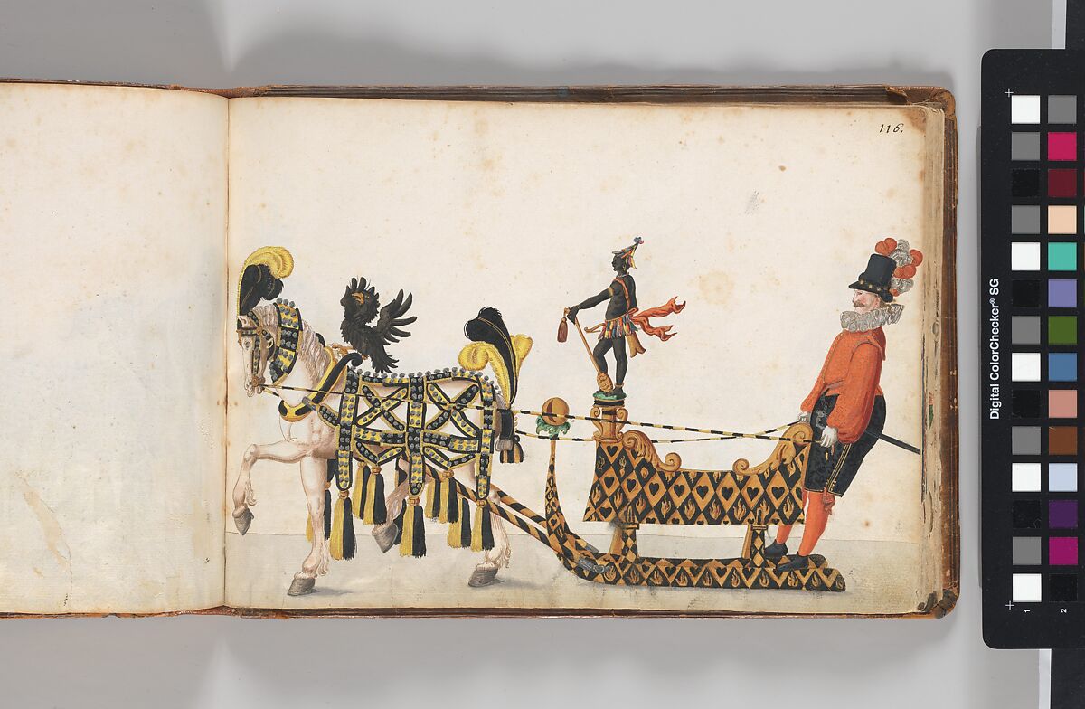 Album of Tournaments and Parades in Nuremberg, Pen and ink, watercolor, gold and silver washes; paper bound in gold-tooled leather, German, Nuremberg