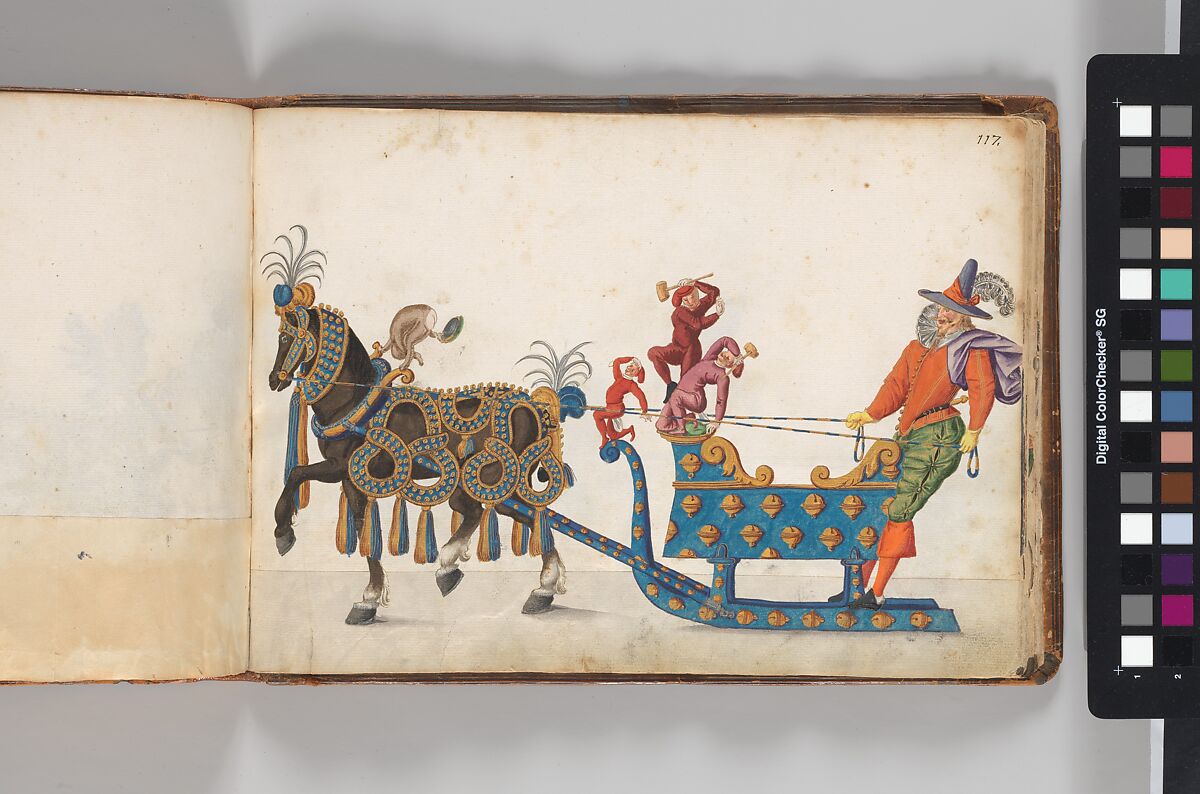 Album of Tournaments and Parades in Nuremberg, Pen and ink, watercolor, gold and silver washes; paper bound in gold-tooled leather, German, Nuremberg