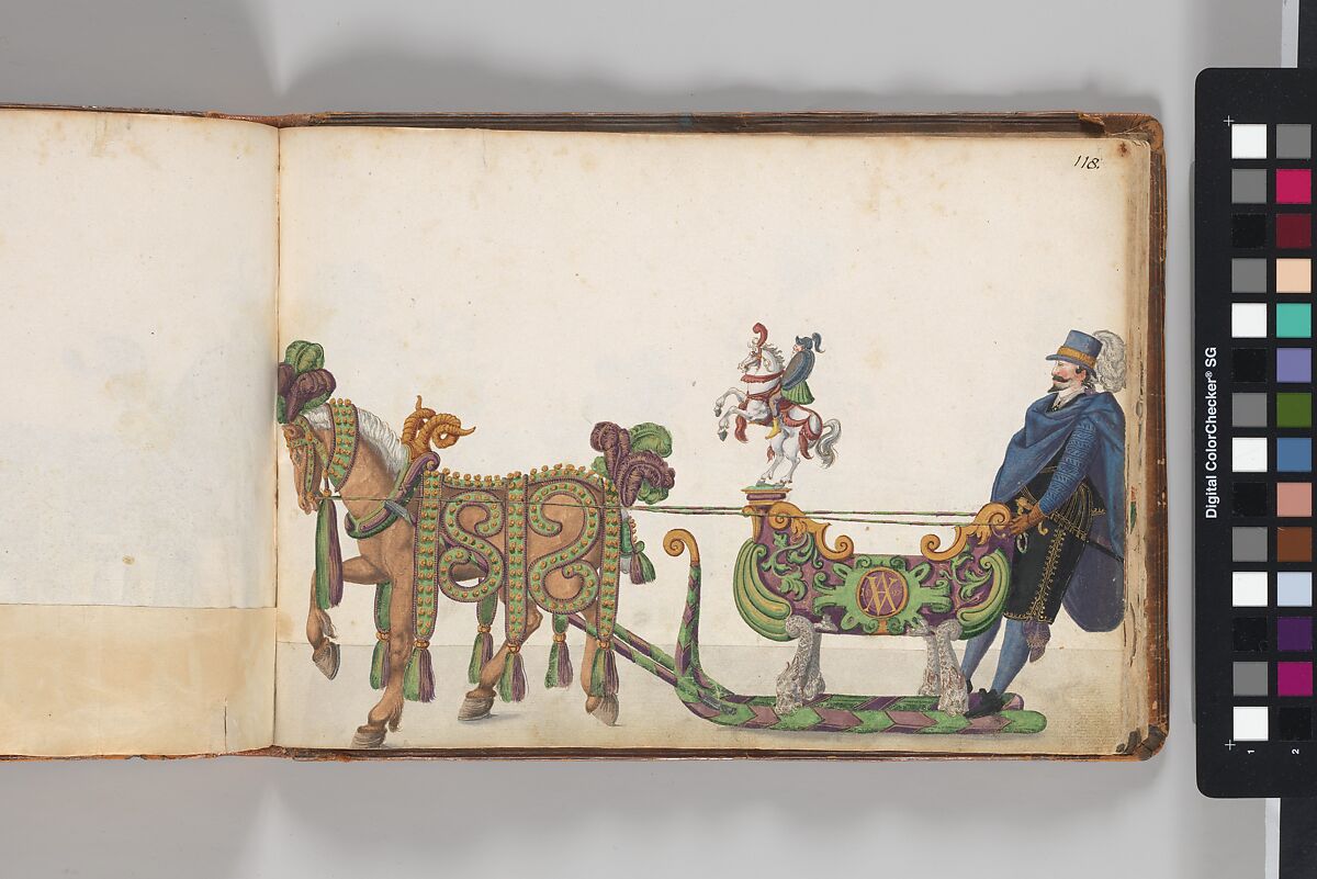 Album of Tournaments and Parades in Nuremberg, Pen and ink, watercolor, gold and silver washes; paper bound in gold-tooled leather, German, Nuremberg