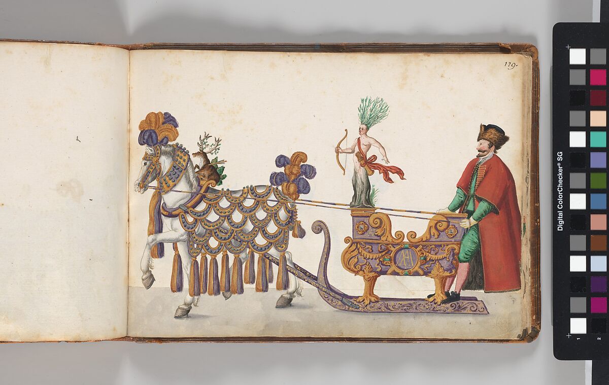 Album of Tournaments and Parades in Nuremberg, Pen and ink, watercolor, gold and silver washes; paper bound in gold-tooled leather, German, Nuremberg
