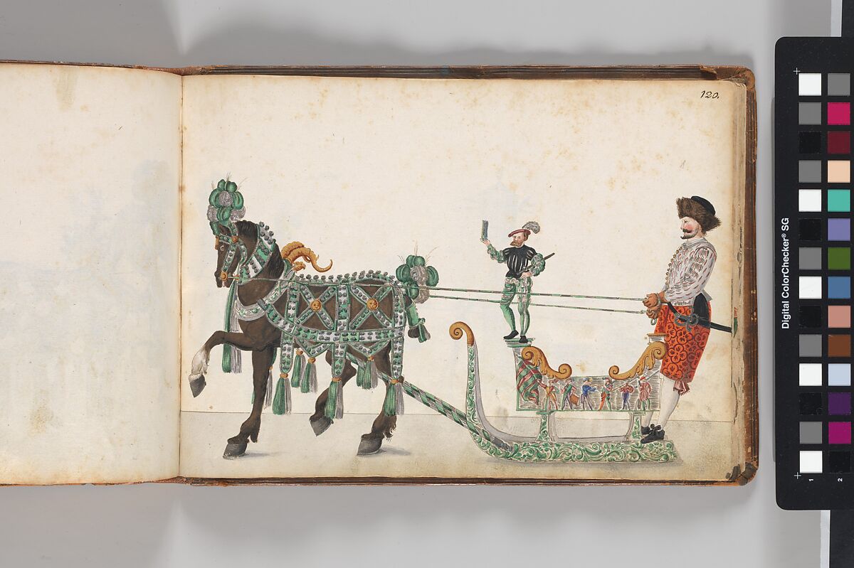 Album of Tournaments and Parades in Nuremberg, Pen and ink, watercolor, gold and silver washes; paper bound in gold-tooled leather, German, Nuremberg