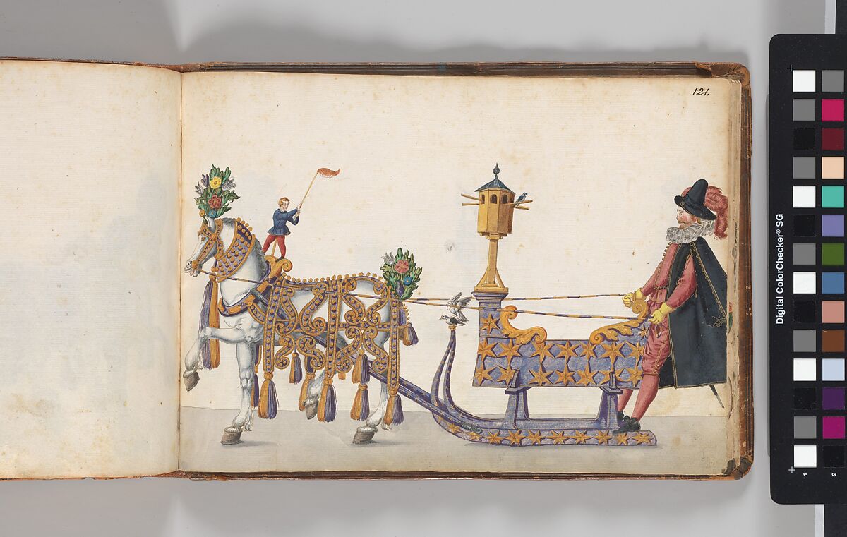 Album of Tournaments and Parades in Nuremberg, Pen and ink, watercolor, gold and silver washes; paper bound in gold-tooled leather, German, Nuremberg