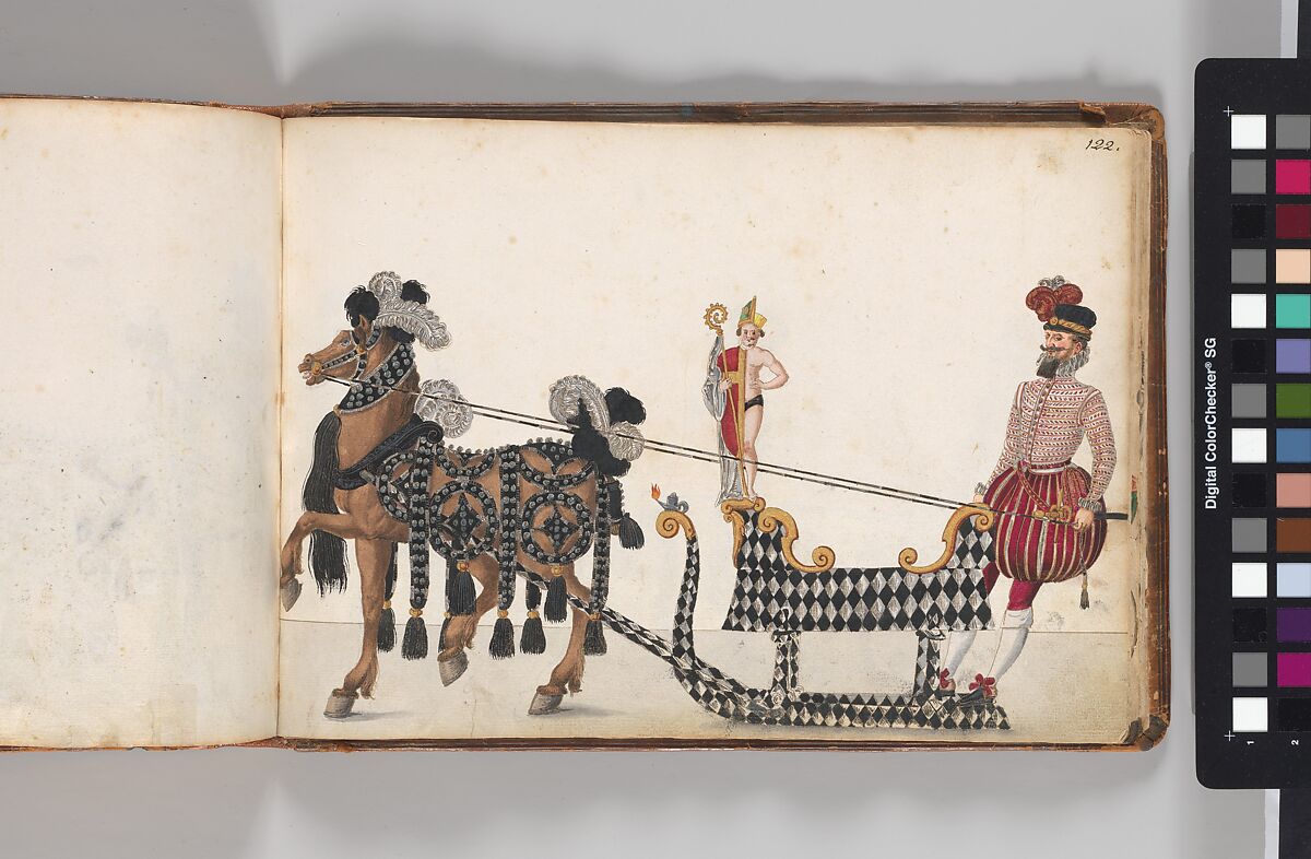 Album of Tournaments and Parades in Nuremberg, Pen and ink, watercolor, gold and silver washes; paper bound in gold-tooled leather, German, Nuremberg