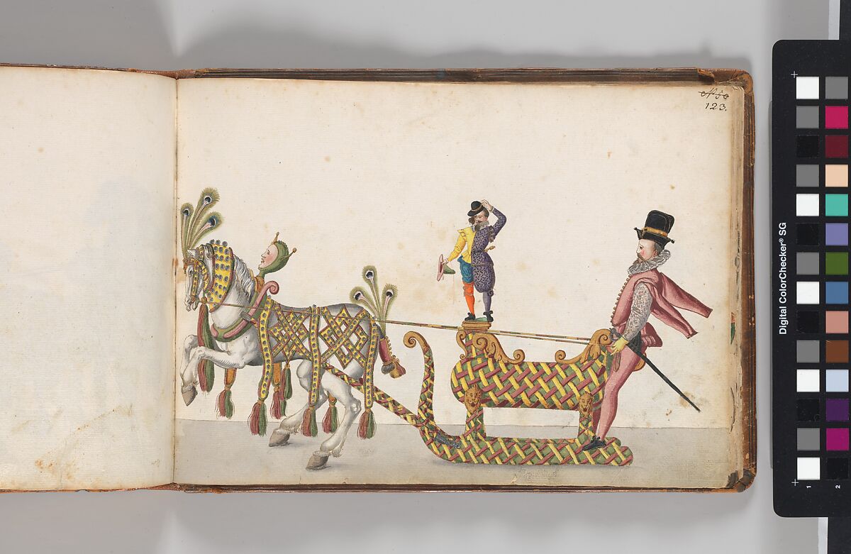 Album of Tournaments and Parades in Nuremberg, Pen and ink, watercolor, gold and silver washes; paper bound in gold-tooled leather, German, Nuremberg