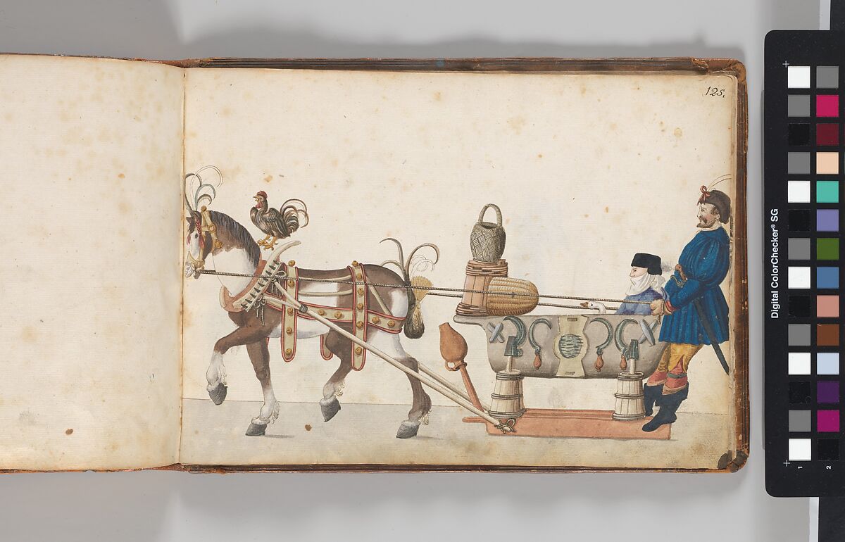 Album of Tournaments and Parades in Nuremberg, Pen and ink, watercolor, gold and silver washes; paper bound in gold-tooled leather, German, Nuremberg