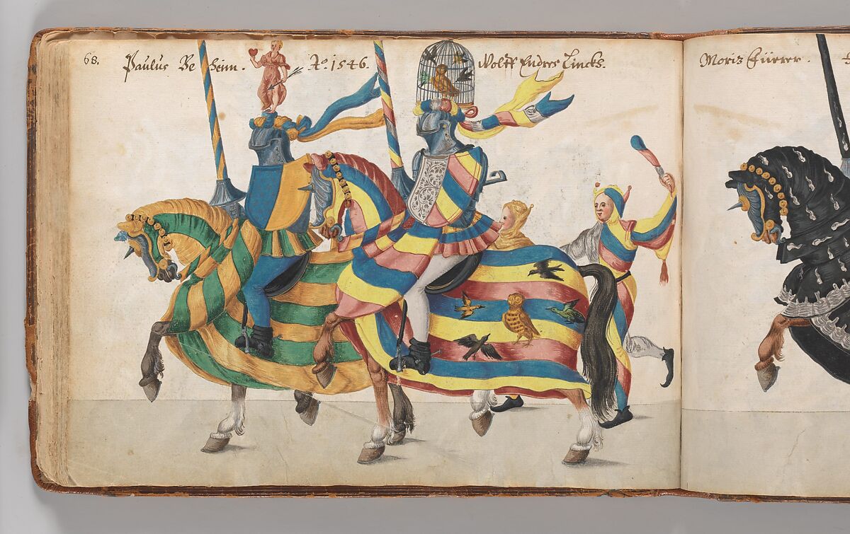 Album of Tournaments and Parades in Nuremberg, Pen and ink, watercolor, gold and silver washes; paper bound in gold-tooled leather, German, Nuremberg