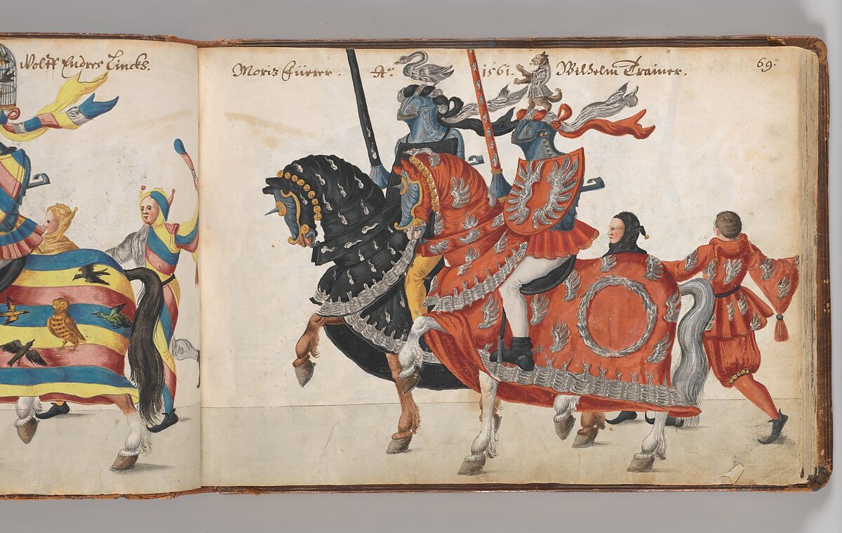 Album of Tournaments and Parades in Nuremberg, Pen and ink, watercolor, gold and silver washes; paper bound in gold-tooled leather, German, Nuremberg