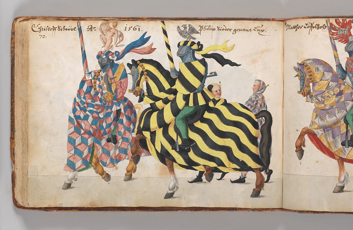 Album of Tournaments and Parades in Nuremberg, Pen and ink, watercolor, gold and silver washes; paper bound in gold-tooled leather, German, Nuremberg