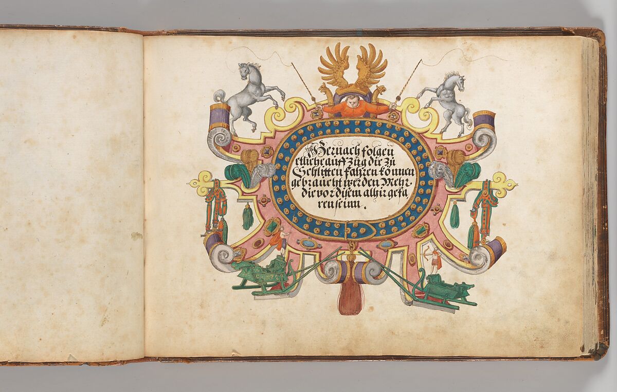 Album of Tournaments and Parades in Nuremberg, Pen and ink, watercolor, gold and silver washes; paper bound in gold-tooled leather, German, Nuremberg