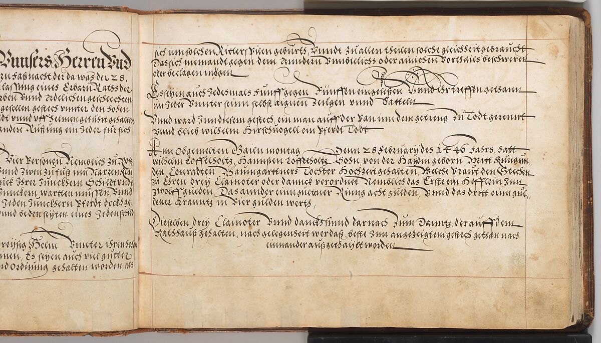 Album of Tournaments and Parades in Nuremberg, Pen and ink, watercolor, gold and silver washes; paper bound in gold-tooled leather, German, Nuremberg