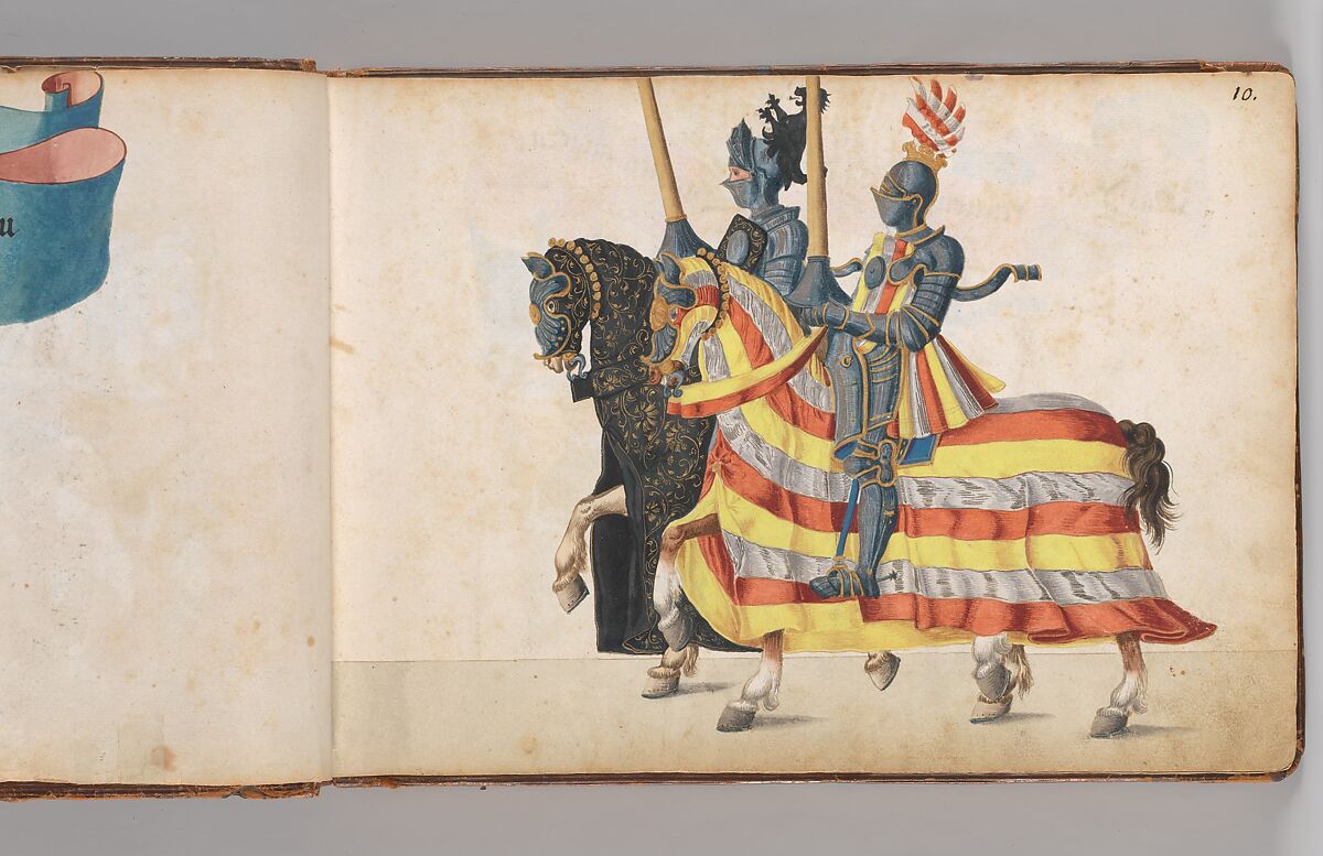 Album of Tournaments and Parades in Nuremberg, Pen and ink, watercolor, gold and silver washes; paper bound in gold-tooled leather, German, Nuremberg