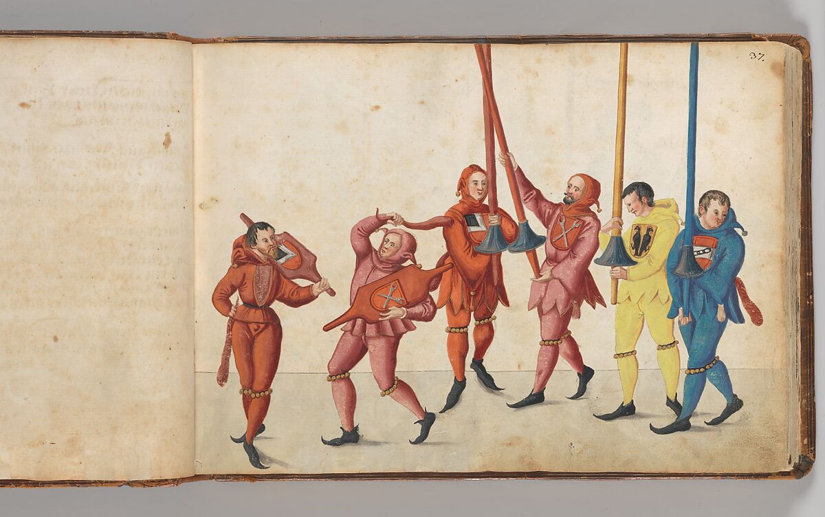 Album of Tournaments and Parades in Nuremberg, Pen and ink, watercolor, gold and silver washes; paper bound in gold-tooled leather, German, Nuremberg