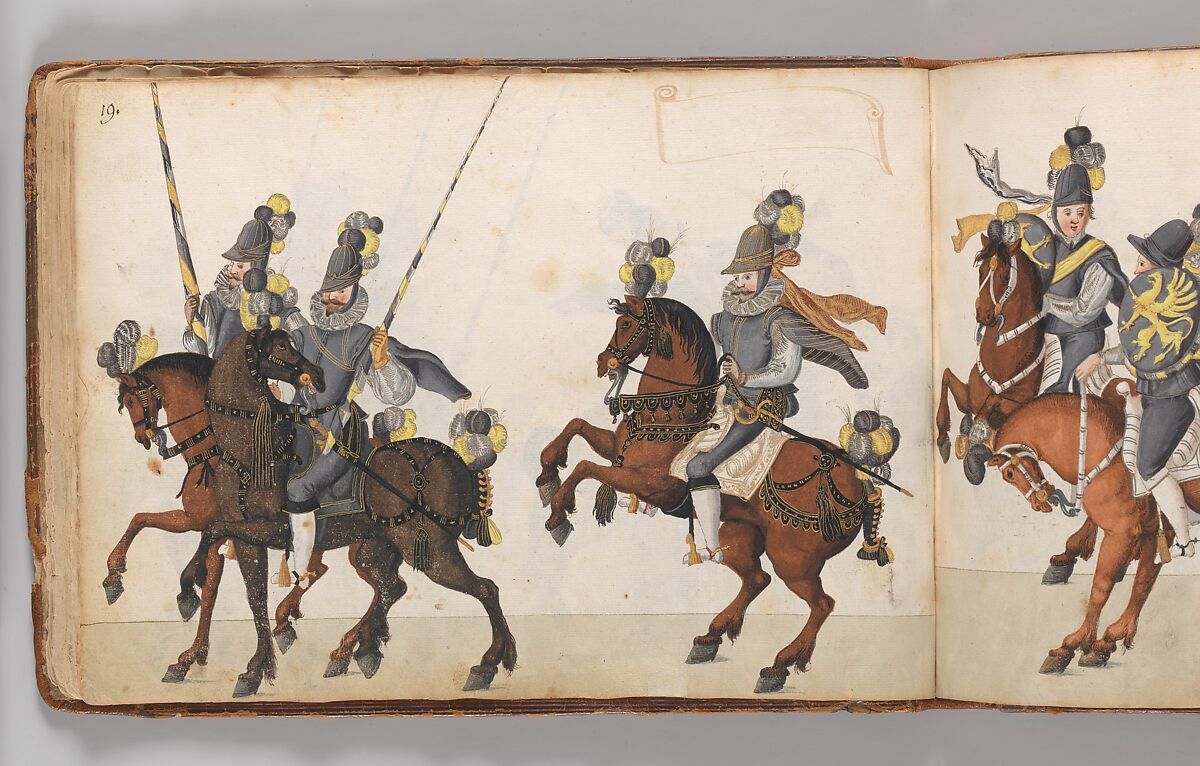 Album of Tournaments and Parades in Nuremberg, Pen and ink, watercolor, gold and silver washes; paper bound in gold-tooled leather, German, Nuremberg