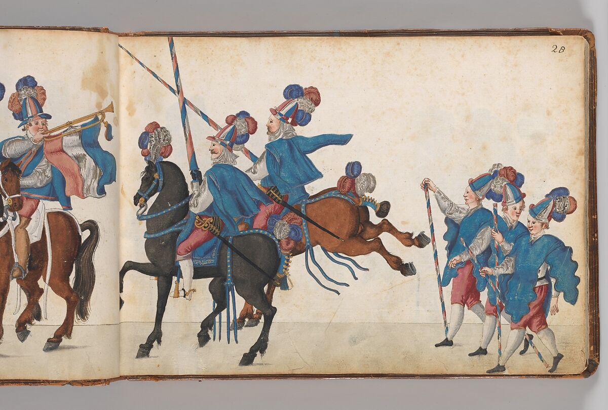 Album of Tournaments and Parades in Nuremberg, Pen and ink, watercolor, gold and silver washes; paper bound in gold-tooled leather, German, Nuremberg
