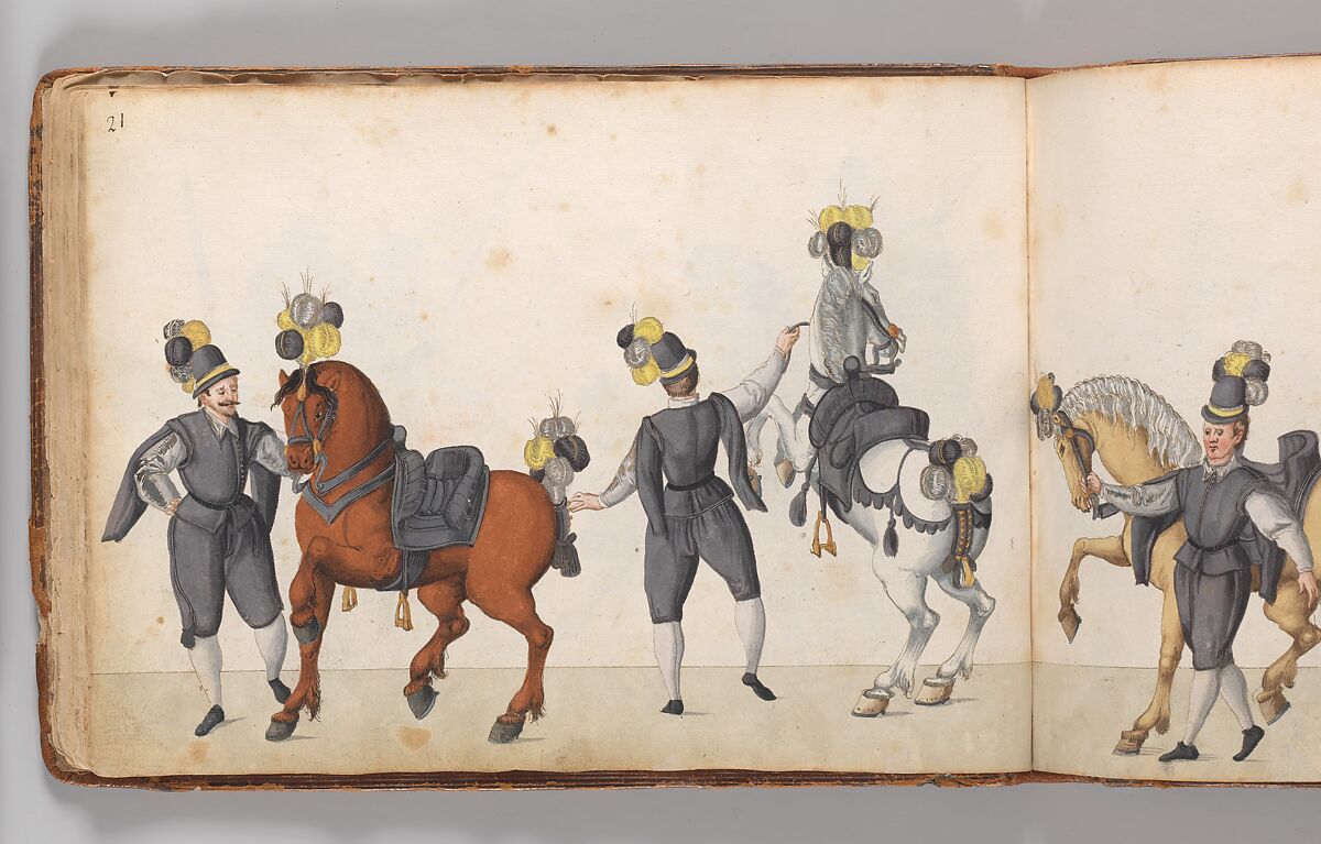 Album of Tournaments and Parades in Nuremberg, Pen and ink, watercolor, gold and silver washes; paper bound in gold-tooled leather, German, Nuremberg