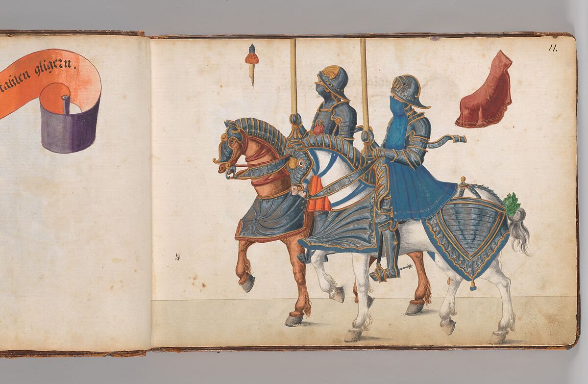 Album of Tournaments and Parades in Nuremberg, Pen and ink, watercolor, gold and silver washes; paper bound in gold-tooled leather, German, Nuremberg