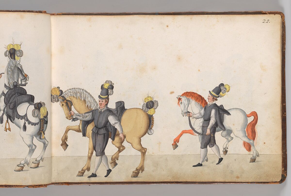 Album of Tournaments and Parades in Nuremberg, Pen and ink, watercolor, gold and silver washes; paper bound in gold-tooled leather, German, Nuremberg