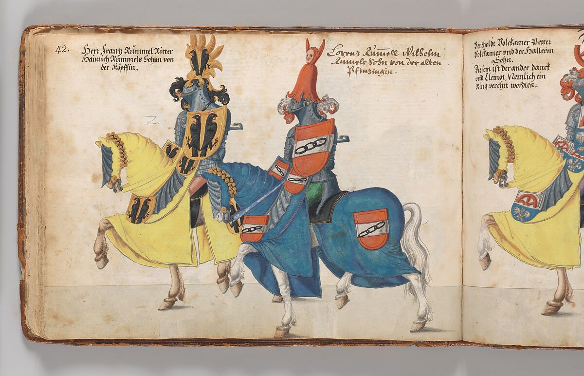 Album of Tournaments and Parades in Nuremberg, Pen and ink, watercolor, gold and silver washes; paper bound in gold-tooled leather, German, Nuremberg