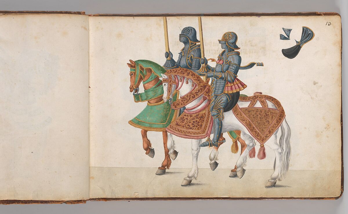 Album of Tournaments and Parades in Nuremberg, Pen and ink, watercolor, gold and silver washes; paper bound in gold-tooled leather, German, Nuremberg