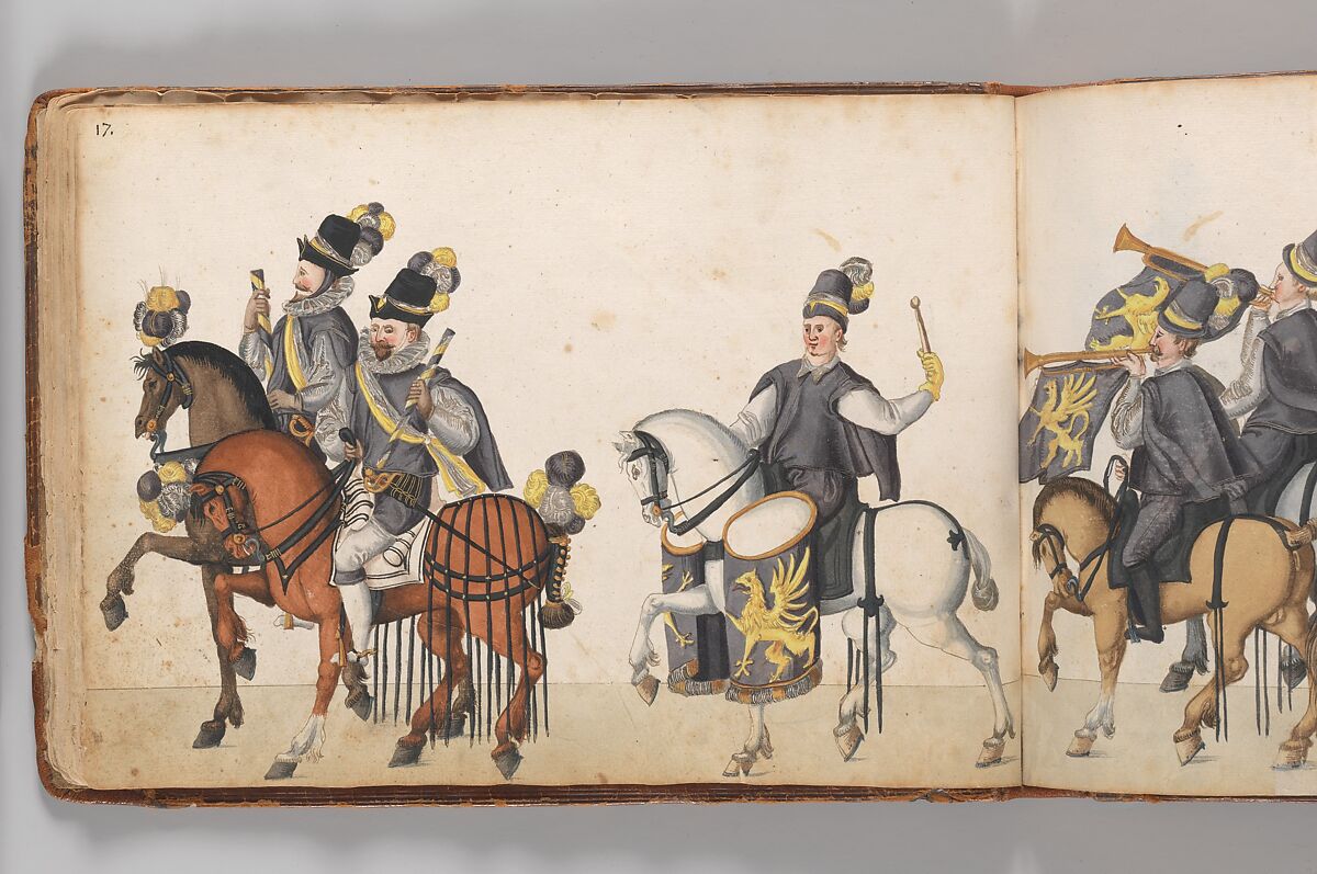 Album of Tournaments and Parades in Nuremberg, Pen and ink, watercolor, gold and silver washes; paper bound in gold-tooled leather, German, Nuremberg