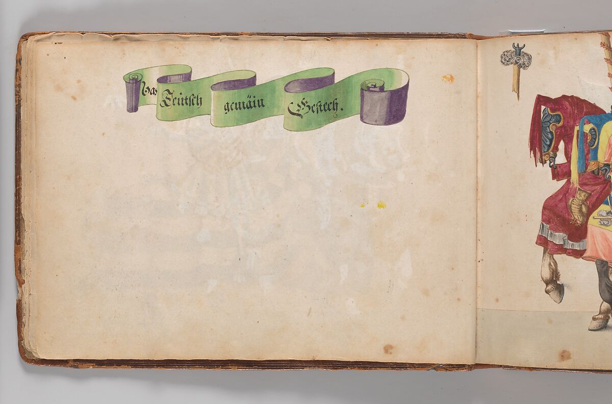 Album of Tournaments and Parades in Nuremberg, Pen and ink, watercolor, gold and silver washes; paper bound in gold-tooled leather, German, Nuremberg