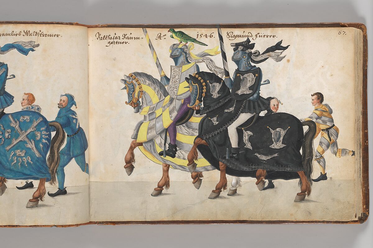 Album of Tournaments and Parades in Nuremberg, Pen and ink, watercolor, gold and silver washes; paper bound in gold-tooled leather, German, Nuremberg
