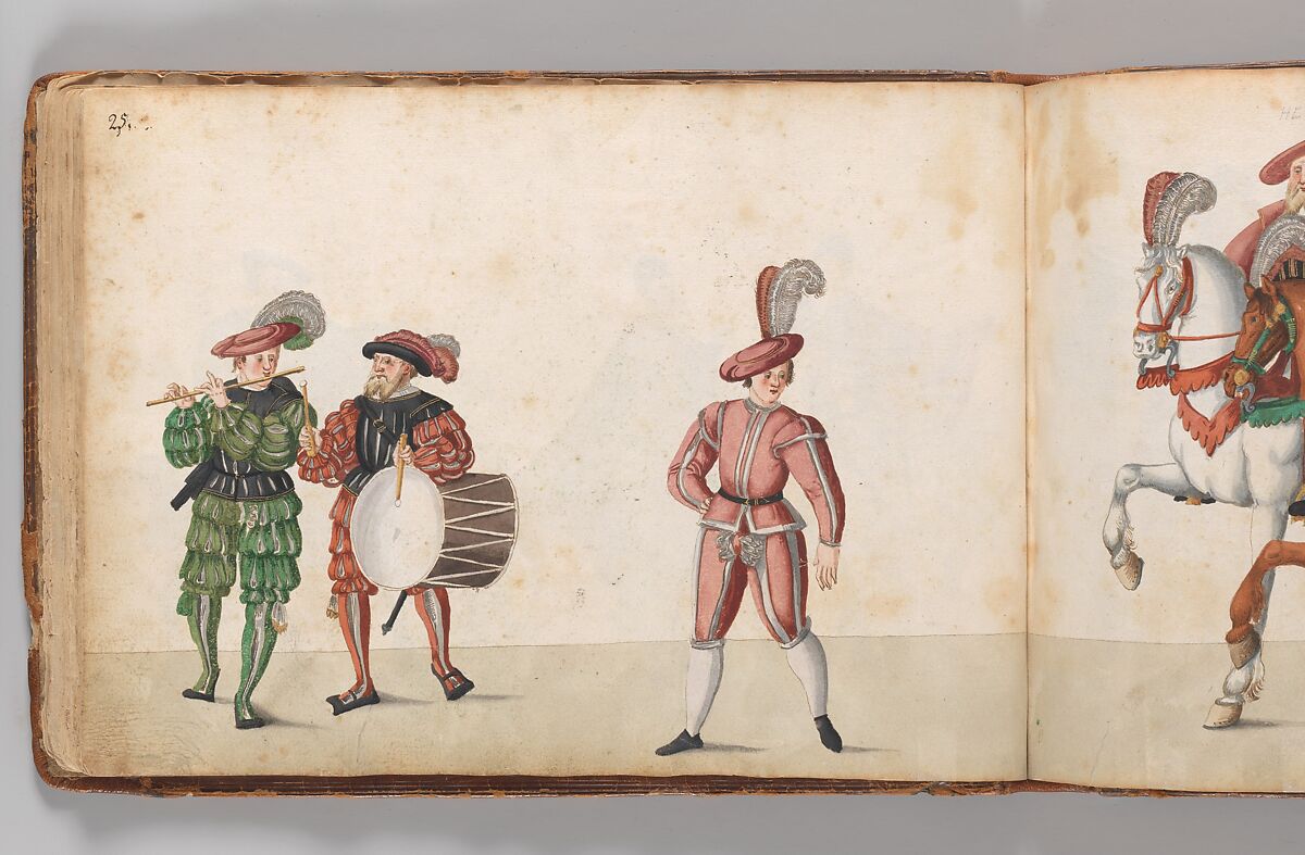 Album of Tournaments and Parades in Nuremberg, Pen and ink, watercolor, gold and silver washes; paper bound in gold-tooled leather, German, Nuremberg