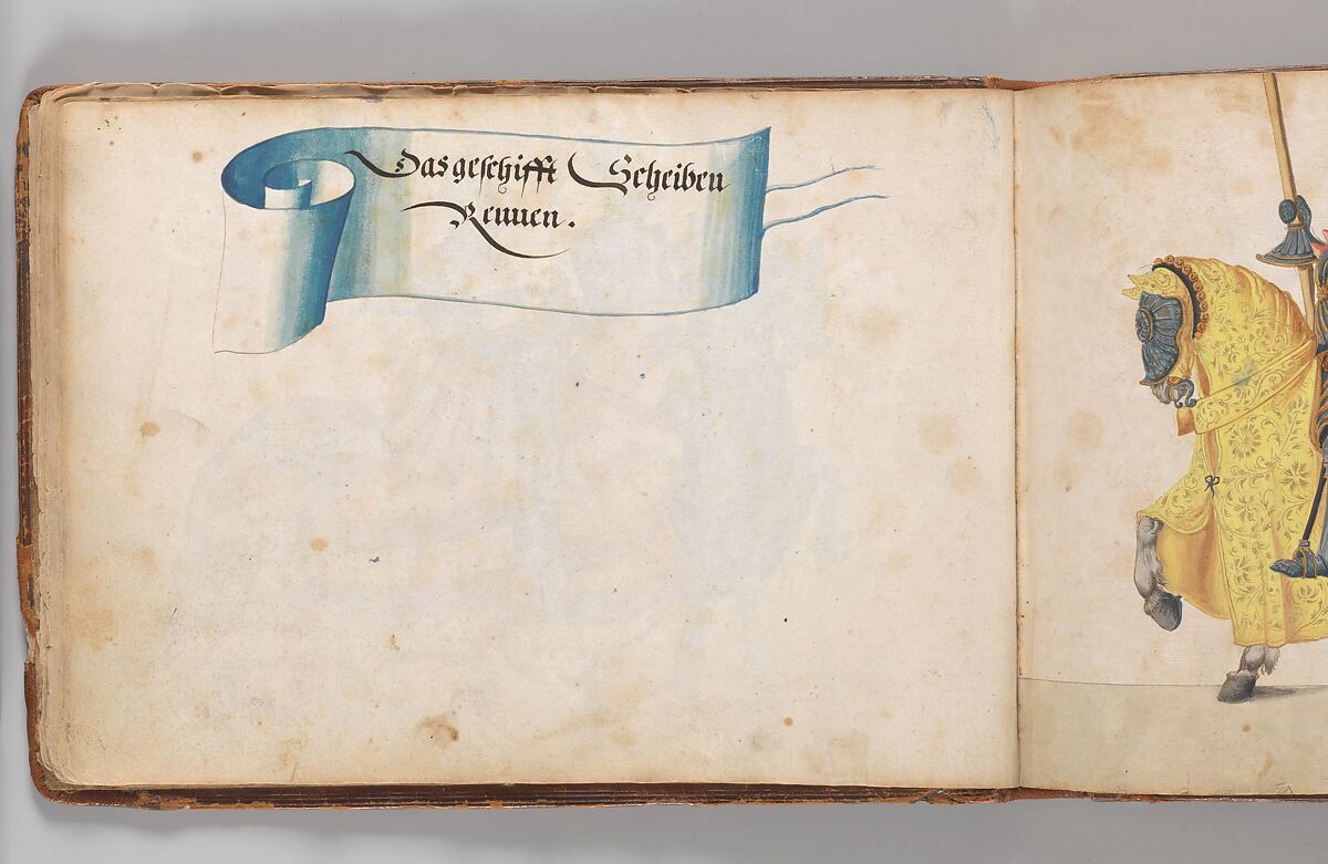 Album of Tournaments and Parades in Nuremberg, Pen and ink, watercolor, gold and silver washes; paper bound in gold-tooled leather, German, Nuremberg