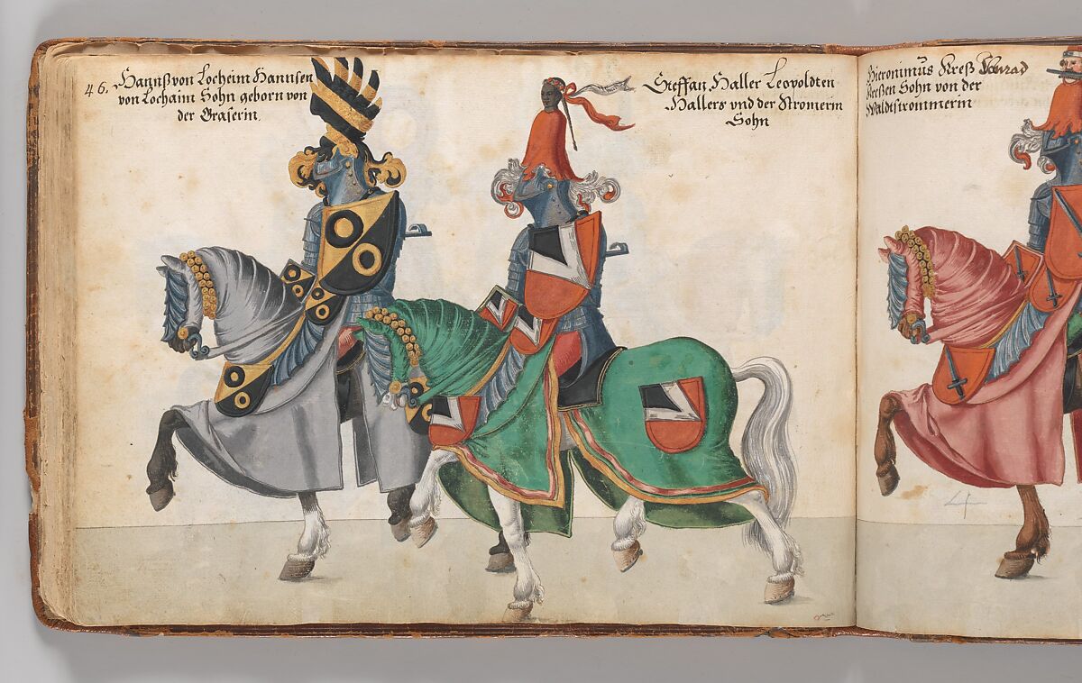 Album of Tournaments and Parades in Nuremberg, Pen and ink, watercolor, gold and silver washes; paper bound in gold-tooled leather, German, Nuremberg