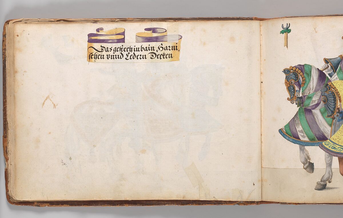 Album of Tournaments and Parades in Nuremberg, Pen and ink, watercolor, gold and silver washes; paper bound in gold-tooled leather, German, Nuremberg