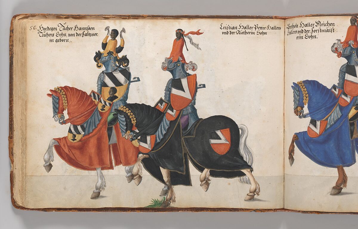 Album of Tournaments and Parades in Nuremberg, Pen and ink, watercolor, gold and silver washes; paper bound in gold-tooled leather, German, Nuremberg