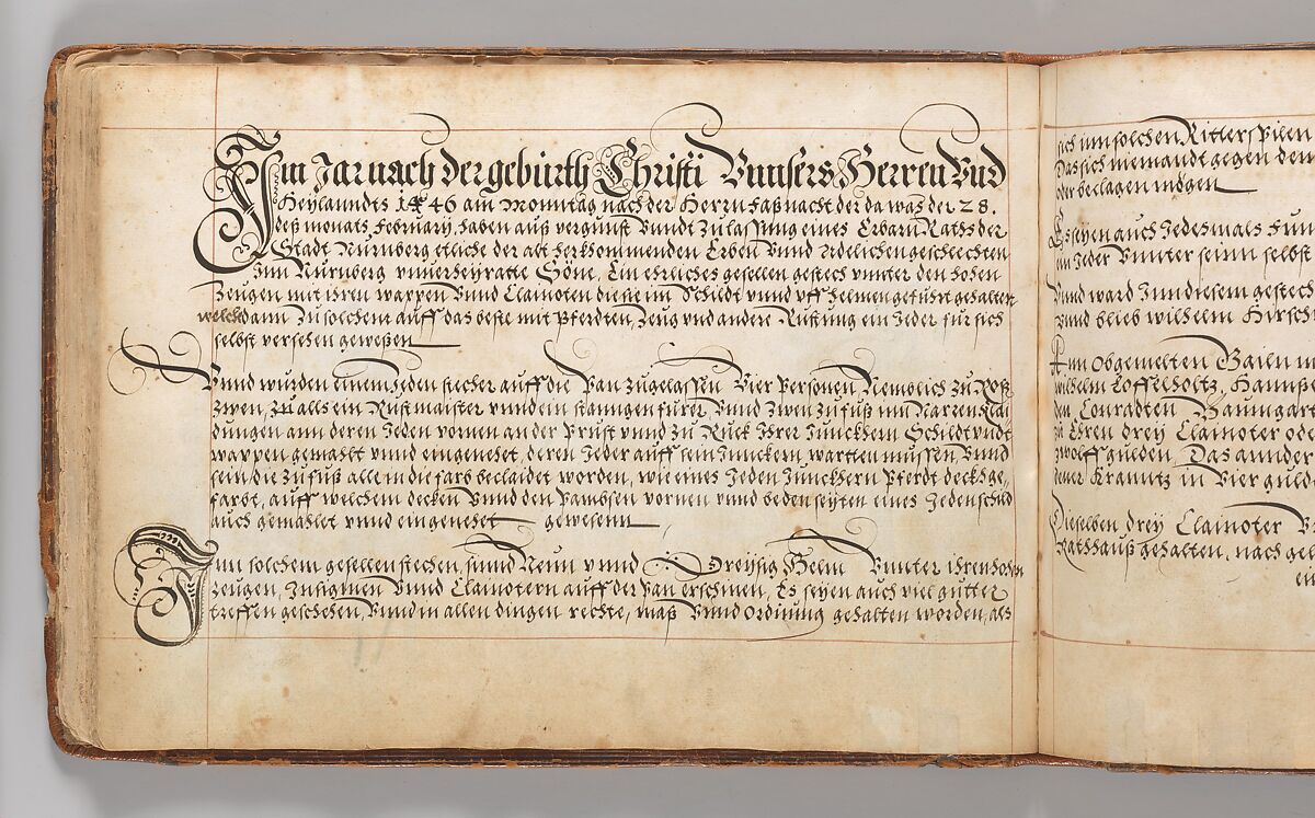 Album of Tournaments and Parades in Nuremberg, Pen and ink, watercolor, gold and silver washes; paper bound in gold-tooled leather, German, Nuremberg